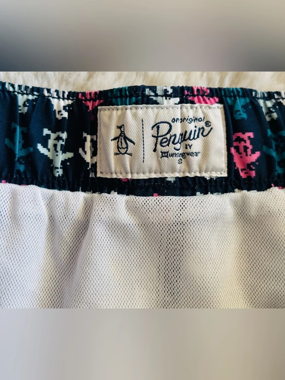 The Original Penguin Swim Shorts Blue All Over Logo 5” Swim Trunks Size: Large